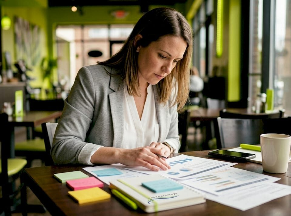 A woman in a gray blazer analyzing printed digital marketing documents in a café.