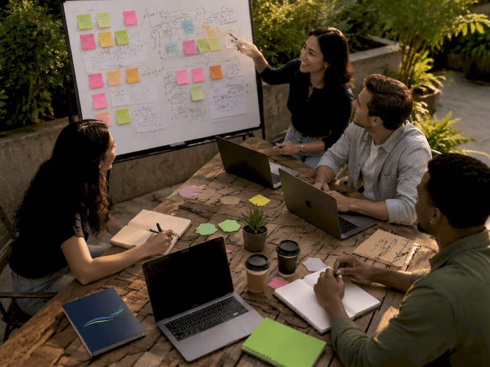 Team discussing branding strategy in a modern outdoor office with laptops and post-it notes.