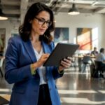 Businesswoman reviewing AI lead generation insights on a tablet in a modern office.