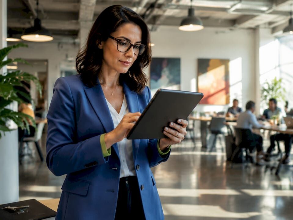 Businesswoman reviewing AI lead generation insights on a tablet in a modern office.