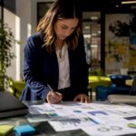 Healthcare marketer reviewing patient acquisition reports at a table with graphs and charts.