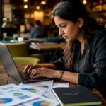 Marketing Analyst in Café | Idea Stream Marketing A woman analyzing data on a laptop in a café, surrounded by charts and coffee.