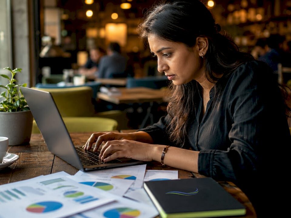 A woman analyzing data on a laptop in a café, surrounded by charts and coffee.