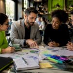 Group of four professionals discussing branding strategy with charts on a table in a cafe.