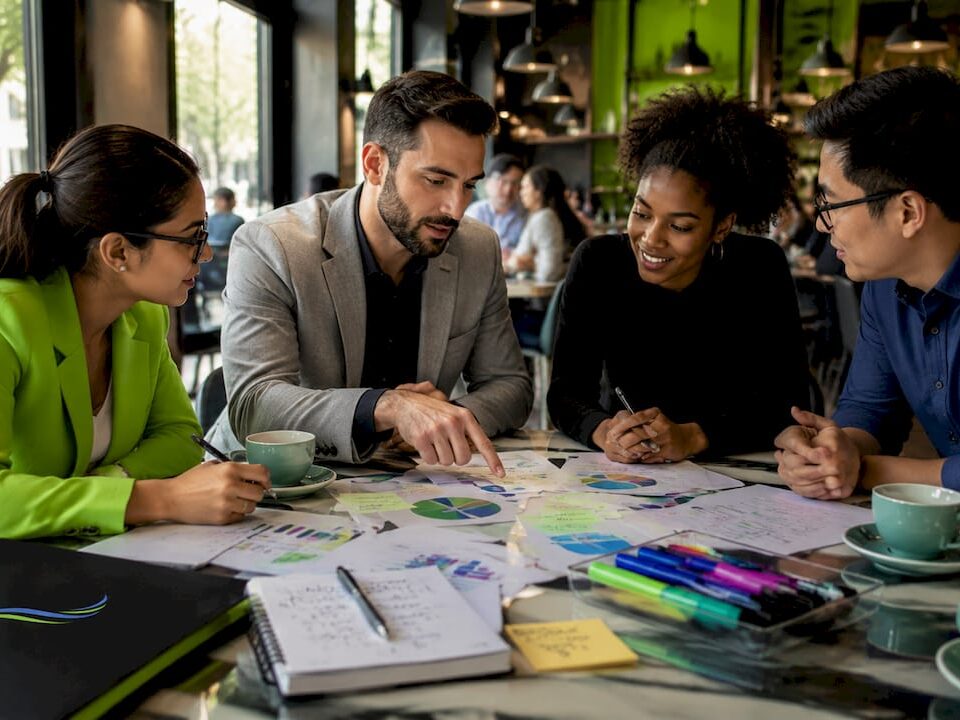 Group of four professionals discussing branding strategy with charts on a table in a cafe.