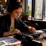 Audio Mixing in a Creative Media Studio | Idea Stream Marketing A woman mixing audio in a studio, working with a mixer and laptop.
