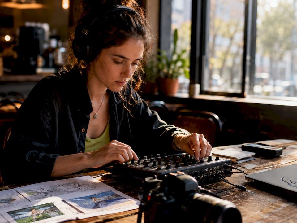 A woman mixing audio in a studio, working with a mixer and laptop.