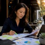 Event Marketing Strategy Review | Idea Stream Marketing A woman reviewing marketing strategies with documents and a laptop at a café.
