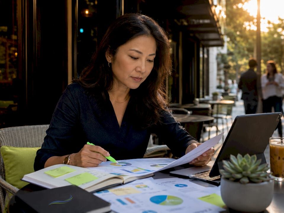 A woman reviewing marketing strategies with documents and a laptop at a café.