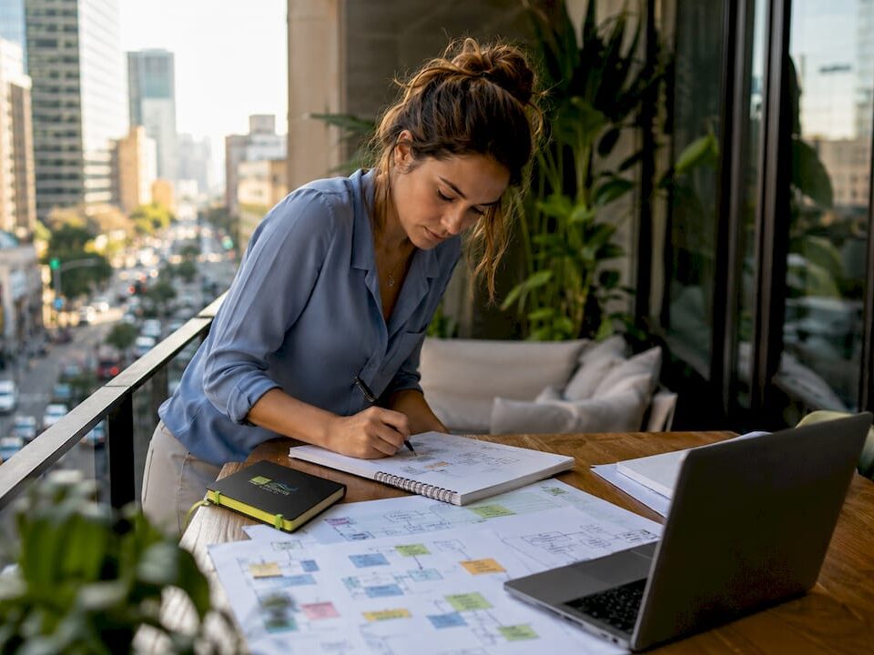 A woman sketches a digital marketing workflow on a notebook outdoors, surrounded by plants and a city view.