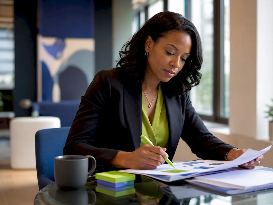 A marketing manager reviewing branding strategy documents at a modern office desk.