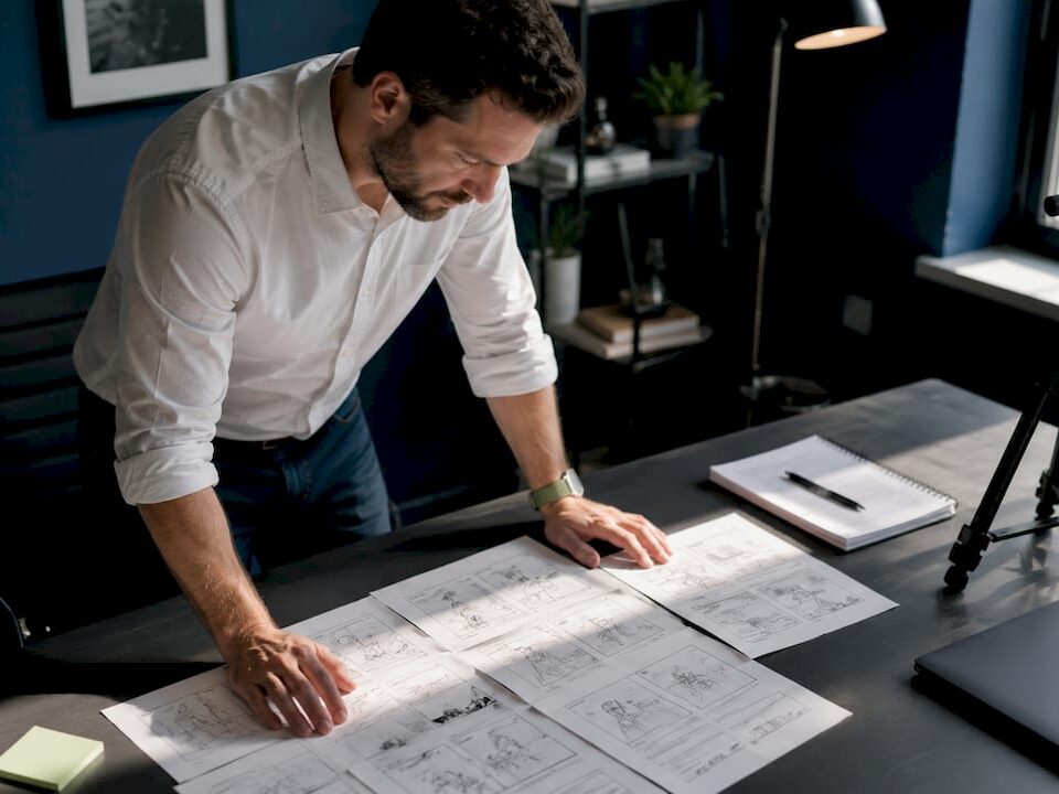 Man reviewing storyboards for a video production project on a desk.