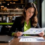 Healthcare Marketing Manager Reviewing Leads | Idea Stream Marketing A woman reviewing patient lead generation documents in a coffee shop.