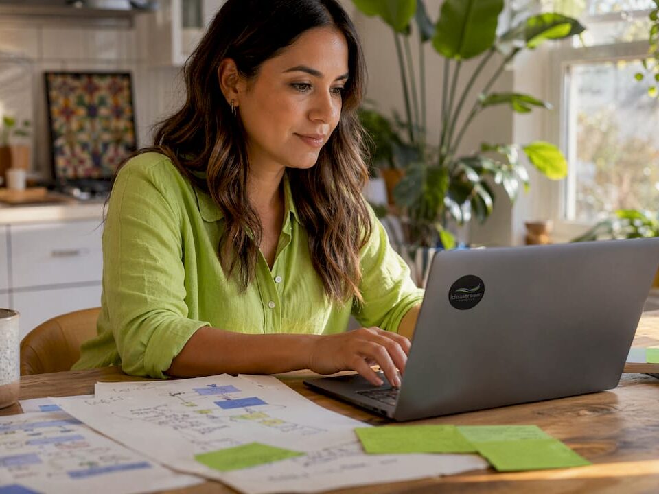 Marketing professional in a green shirt working at a home desk with a laptop and coffee.