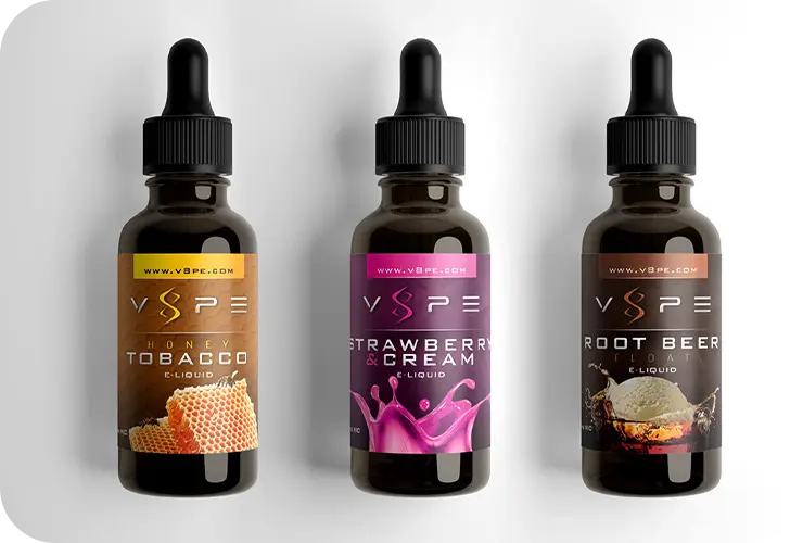 V8PE E-Liquid Bottles Collection | Idea Stream Marketing Three V8PE e-liquid bottles: Honey Tobacco, Strawberry & Cream, and Root Beer Float.