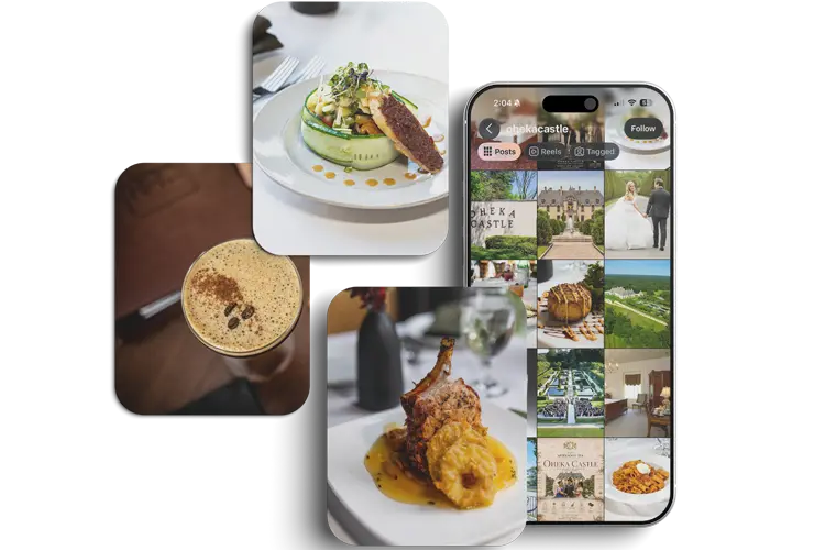 Gourmet Dining at Oheka Castle | Idea Stream Marketing A collage featuring a gourmet meal with a protein dish, a dessert, and a coffee drink, alongside a smartphone displaying Oheka Castle's social media.