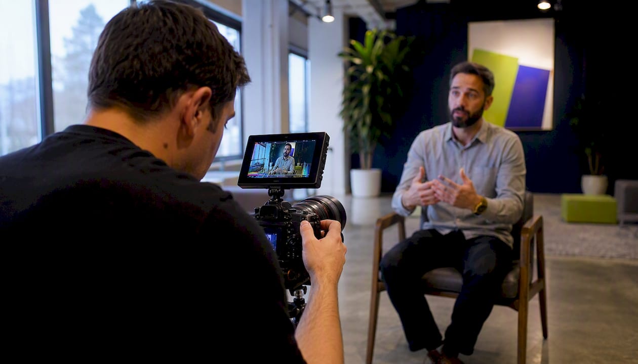 A hiring manager being filmed while discussing recruitment strategies in an office setting.