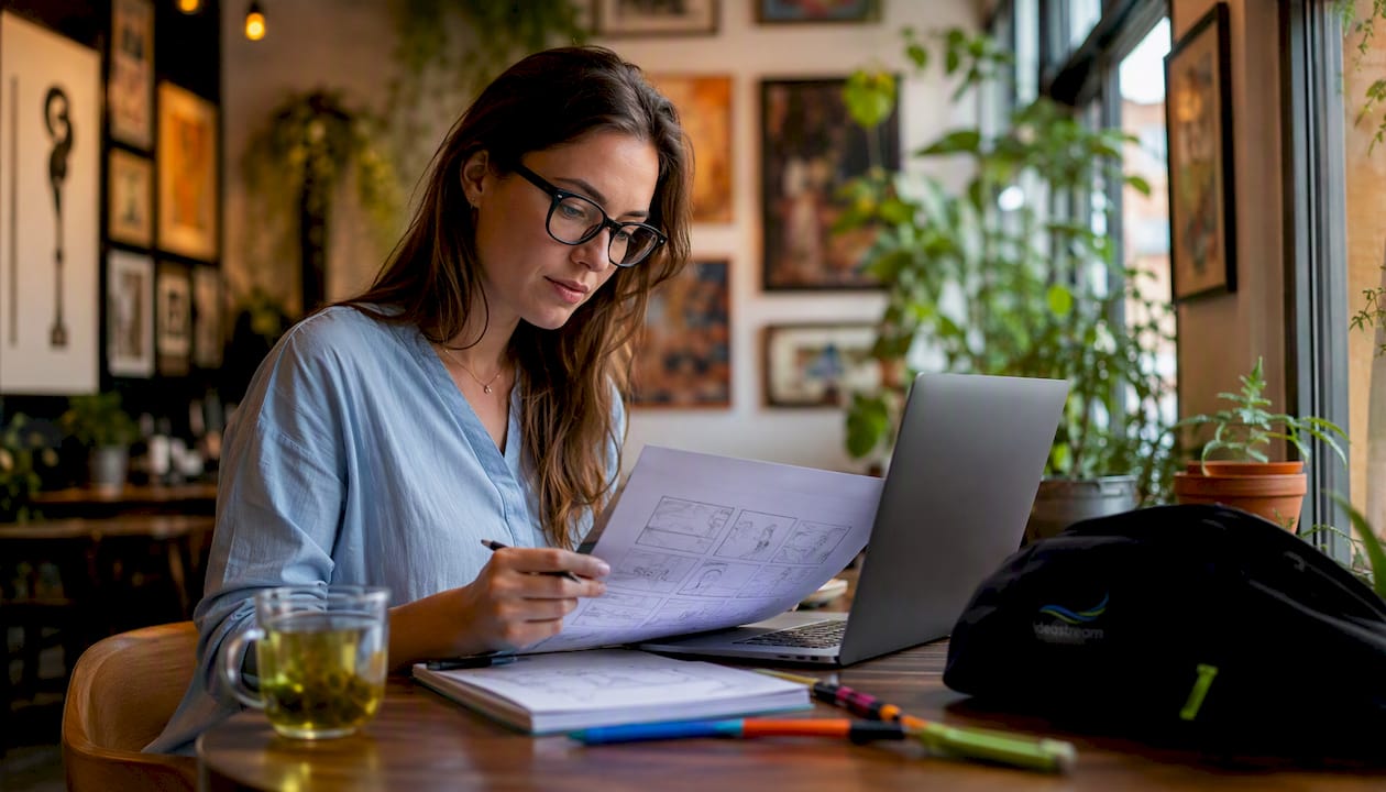 A woman reviewing storyboard sketches at a cafe with a laptop and green tea.
