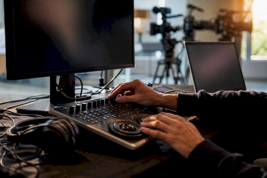 Close-up of a person's hands using a video editing control panel with a computer monitor in the background.