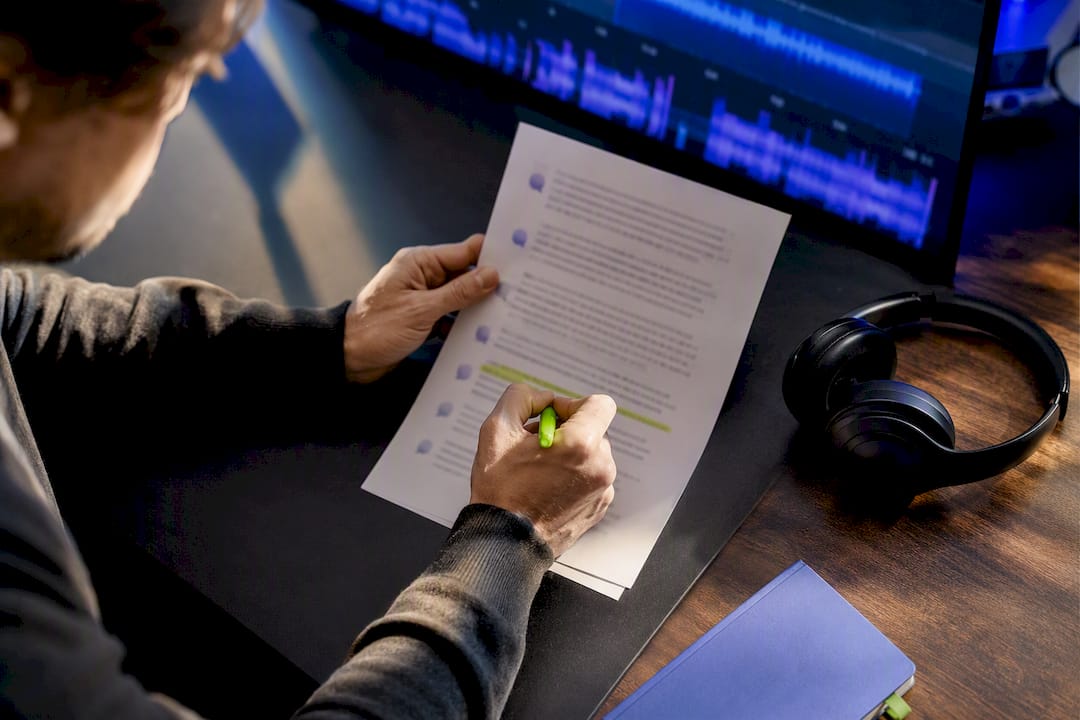 Hands selecting podcast clips from transcript