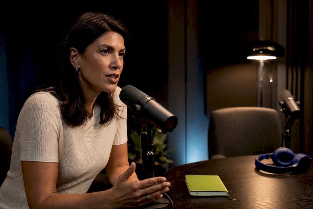 A woman speaking into a microphone in a podcast studio with a green notebook on the table.
