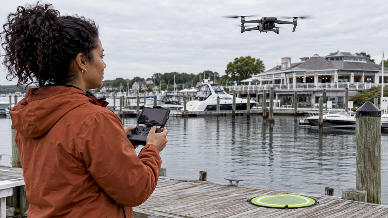 Drone Control by Waterfront Venue | Idea Stream Marketing Camera drone filming a Long Island waterfront venue