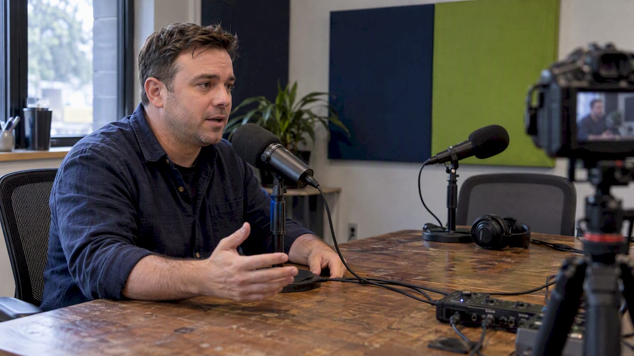 A man speaking at a podcast recording setup with microphones and a camera.