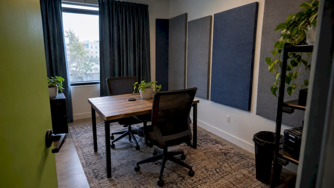 Curtains rug and panels soften podcast room