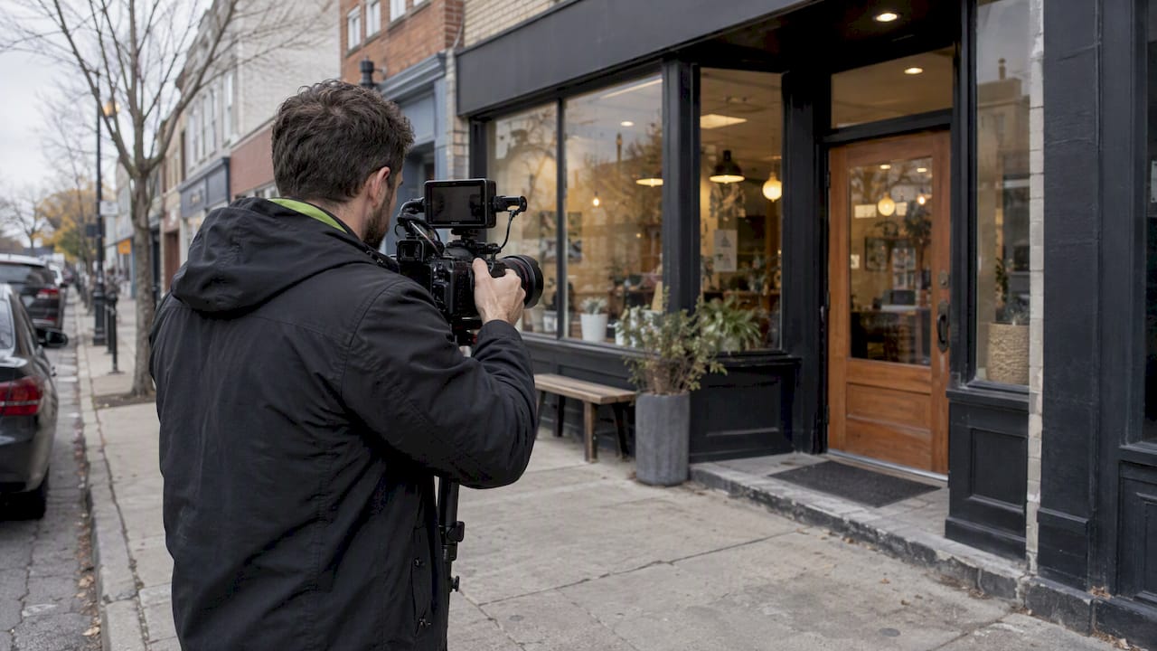 Videographer filming a local business exterior