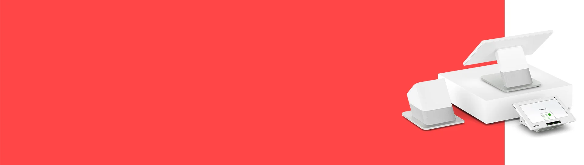 White payment terminal with additional devices on a bright red background.