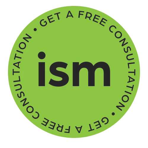 Circular green logo featuring the text 'ism' and the phrase 'Get a free consultation.'