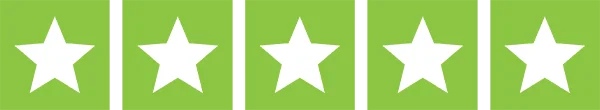 Five green five-star ratings with white stars on a bright background