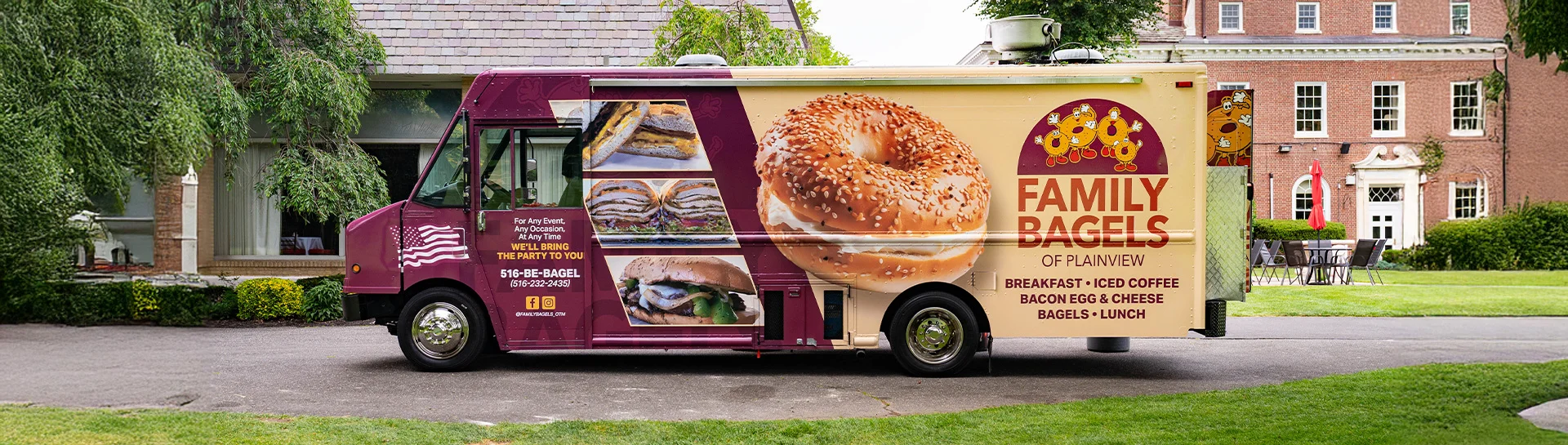 Food truck named 'Family Bagels' featuring bagels and breakfast items parked near a building.
