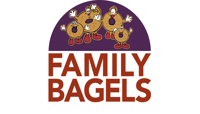 Logo of Family Bagels featuring cartoon bagel characters with arms and legs, under the text 'Family Bagels'.
